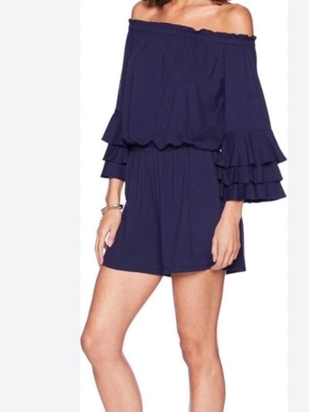 Lilly Pulitzer Navy Romper On/Off Shoulder with 3/4 Flutter Sleeve